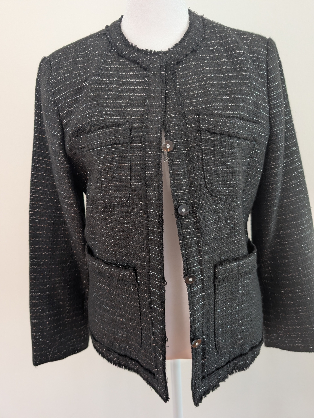 Jaclyn Smith Black Tweed Fringe-Trim Blazer